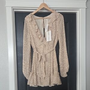NWT Saints + Secrets Look My Way Brown And Cream Printed Mini Dress Size Medium